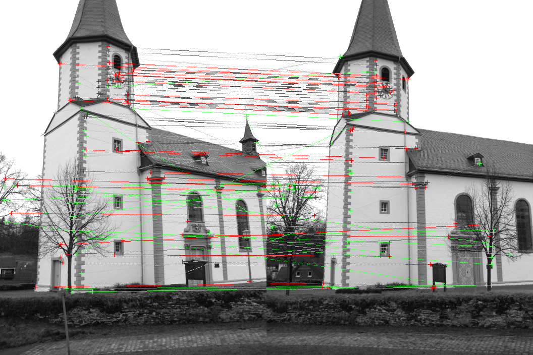 Two photographs of a church taken from different positions, joined side by side with green and red correspondence lines connecting matched features