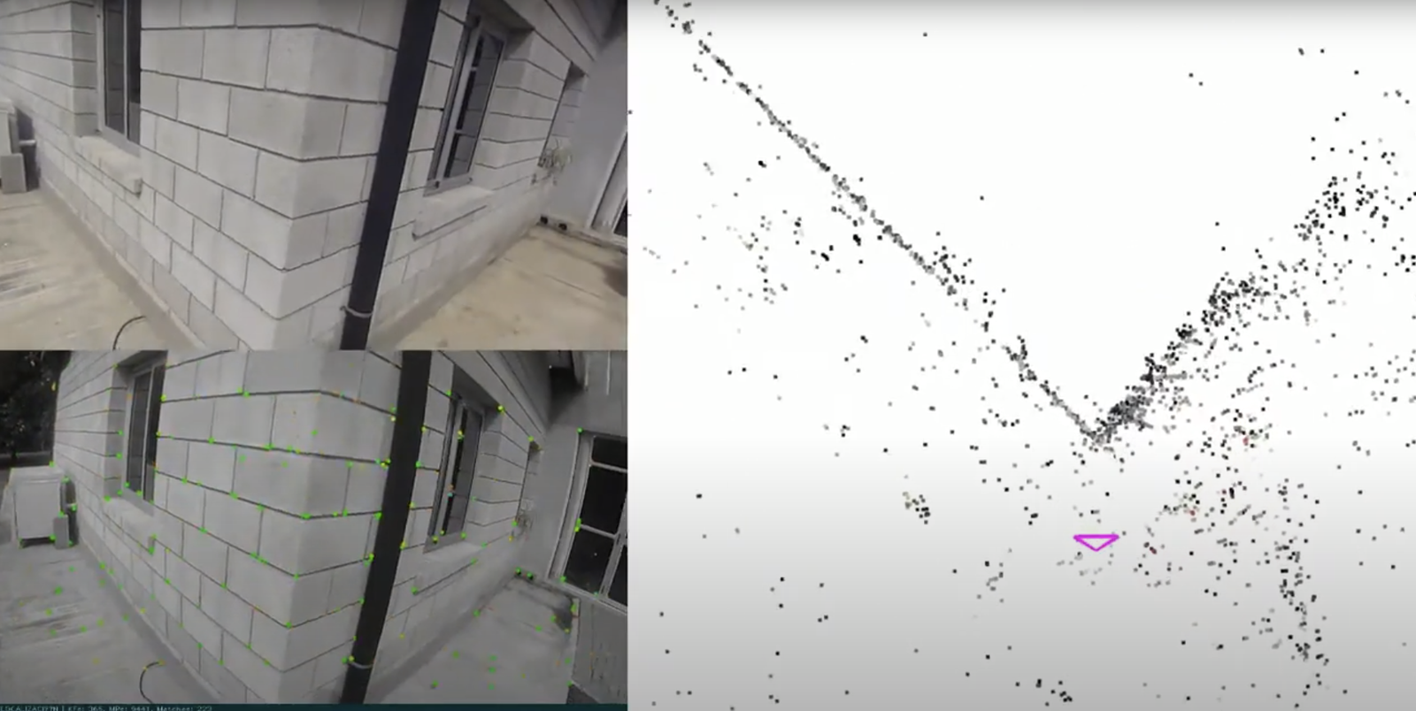 ORB-SLAM2 running: camera frames with green tracked feature points on a building, beside the sparse 3D map and estimated camera pose